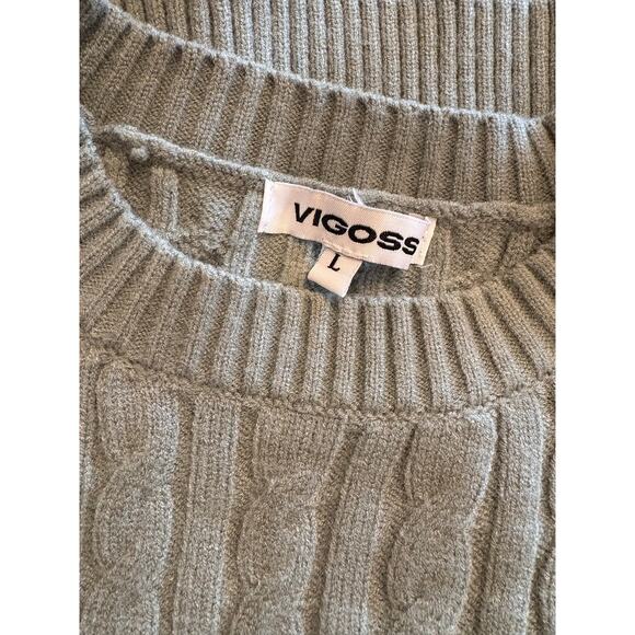 VIGOSS Sage Green Crewneck Cable Knit Sweater Cottagecore Fall | LARGE - Picture 7 of 7